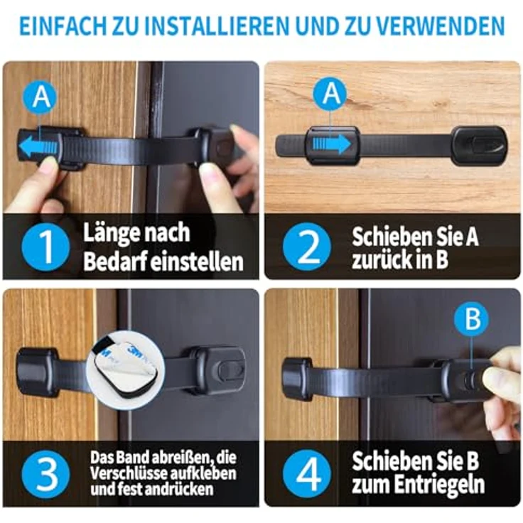 ECHOCUBE 10 Stück Kindersicherung für Schrank, Verstellbare Baby Schubladensicherungen mit 3M Kleber, Baby Sicherheitsschlösser für Schränke, Schubladen, Kühlschrank - ohne Bohren (Schwarz) – Bild 6