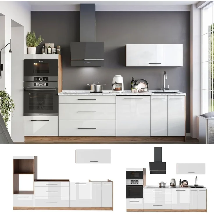 Küchenzeile Fame-Line Weiß Hochglanz/Goldkraft Eiche 280 cm, AP Marmor Vicco – Bild 7