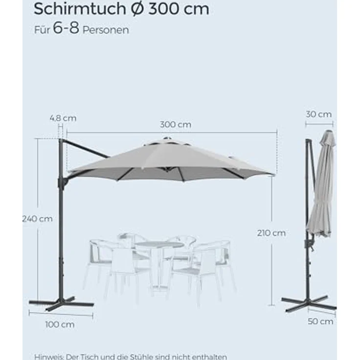 Songmics Sonnenschirm, Ø 300 cm, UPF 50+, 360° drehbar, Neigungswinkel stufenlos verstellbar, taubengrau – Bild 6