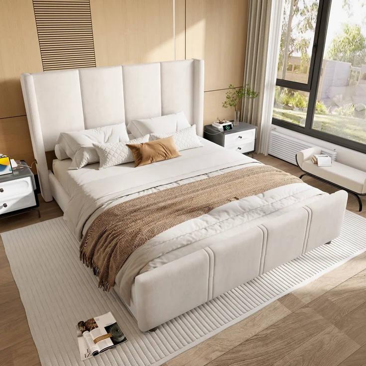 LVHOM Polsterbett hohem Kopfteil & Fußteil 140x200 cm Bettgestell, integriertem USB/Type-C-Anschluss und hochwertigem Samtstoff, Doppelbett – Bild 1