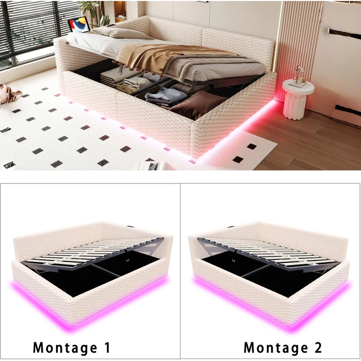 Merax Polsterbett 140 x 200 cm, Doppelbett, Jugendbett mit LED-Beleuchtung, Tape-C und zwei USB-Anschlüssen, L-förmiger weicher Rückenlehne, Samtstoff, Hydraulischem Bettgestell, Beige – Bild 5