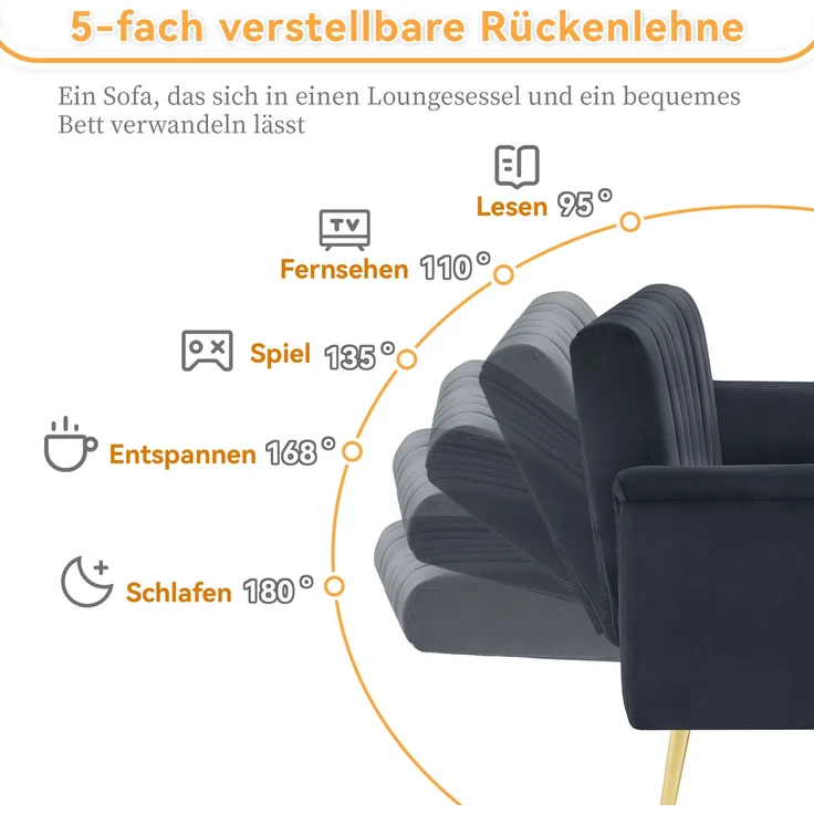 Schlafsofa 183 x 76 x 75 cm, 5-fach verstellbare Rückenlehne & Armlehnen, Samtstoff, multifunktionales Sofa mit Metallfüßen, bequemes Gästebett,Schwarz – Bild 7