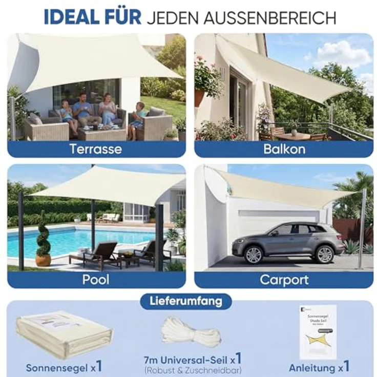 Sunula Sonnensegel Wasserdicht 2x3 m Rechteckig – Keine Mittelnaht, hochdichtes PES 160g/m², reißfest & wetterfest, mit Lotus-Effekt & bis zu 95% UV-Schutz, für Balkon Terrasse Garten, Creme – Bild 7