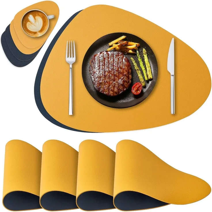 Rhein Beleuchtung Platzset Tischsets und Untersetzer aus Leder, doppelseitig(Graugelb, 4er-Set), (Set, 4-St, tischsets platzsets abwaschbar, tischset leder, tischmatte), Hitzebeständig, wärmeisolierend, rutschfest, beidseitig verwendbar