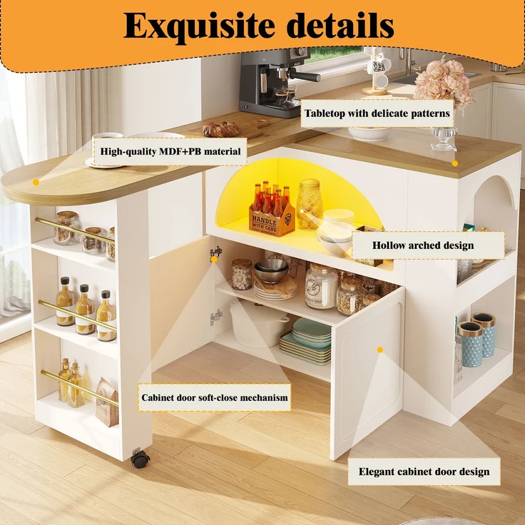 Merax Ausziehbarer Bartisch mit Stauraum(135-205×39×100cm) , Moderner Beweglicher Bar Table, Teleskopischer Bartisch mit LED Hochtisch Kücheninsel, Weiß – Bild 6