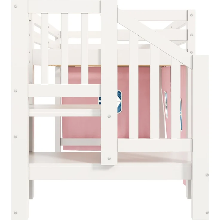 Halbhohes Bett 90x200 cm aus Kiefernholz und MDF mit LED-Lichtleiste, Vorhängen und Leiterschrank – Ohne Matratze – Bild 9