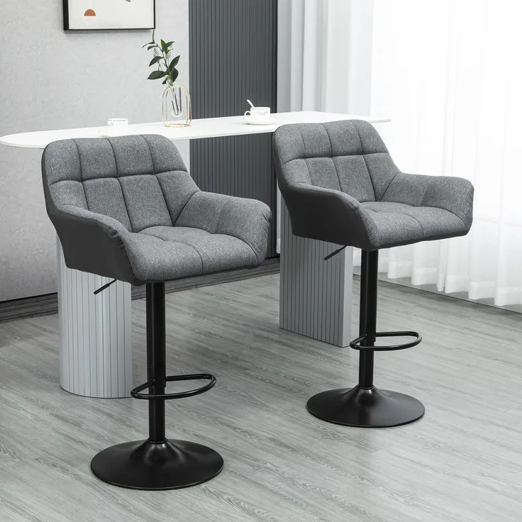 Barhocker 2er-Set B 52,5 x T 57,5 x H 93–114 cm, höhenverstellbar, drehbar, graue Leinenoptik