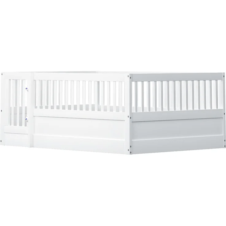 Kinder Bodenbett aus massivem Kiefernholz 140x200 cm mit Zaun & Tür,sicheres Spielbett,offenes Hausbett,Weiß – Bild 7