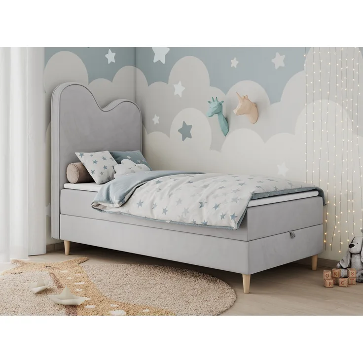 Kinderbett FLOW, Boxspringbett für Kinder, mit hohem Kopfteil, Einzelbett mit Matratze - 90x160 - Hellgrau Velours - Topper Visco