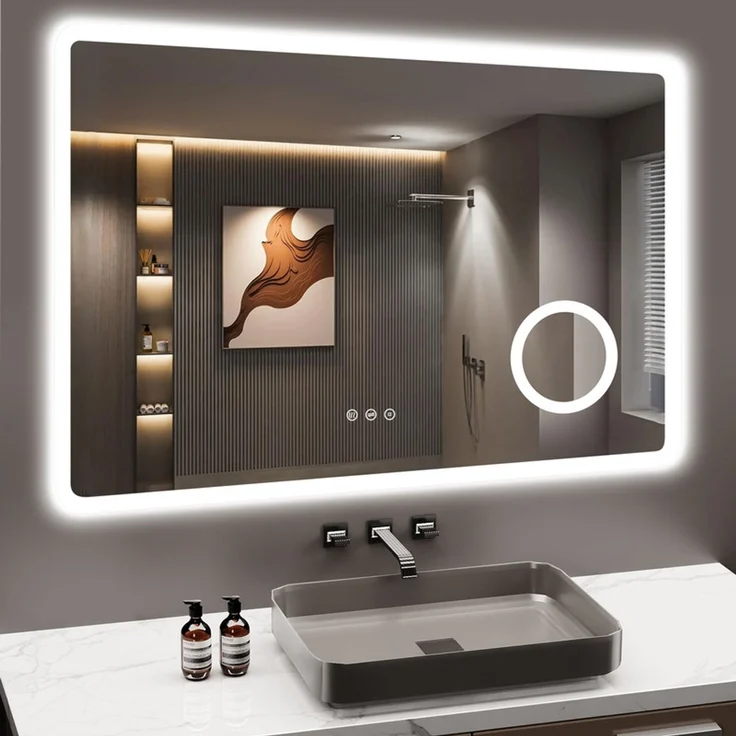 Gimbelen LED Badspiegel 80x60 cm, rechteckig, mit 3 Lichtfarben & Dimmfunktion, 3-fach Vergrößerung, Rasiersteckdose, Antibeschlag & Speicherfunktion, IP44, Silber – Bild 2