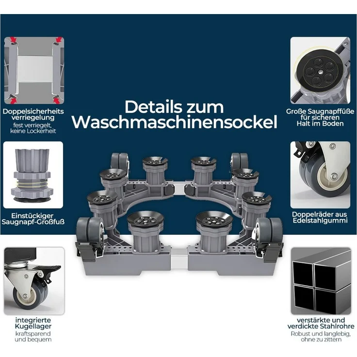 PFCTART Waschmaschinenuntergestell Waschmaschinen-Untergestell verstellbar mit Rollen, 42–66 cm, Zubehör für Waschmaschinen, Wäschetrockner, Kühlschränke und andere Haushaltsgeräte, Mit 8 Füßen, 4 Rollen, stoßdämpfend, bis 300 kg belastbar – Bild 4