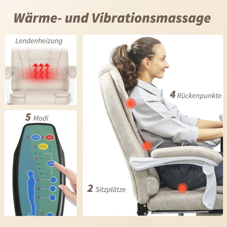 MELAYR, Bürostuhl mit Massagefunktion, ergonomisch, 65x160x104cm, Cremeweiß – Bild 6