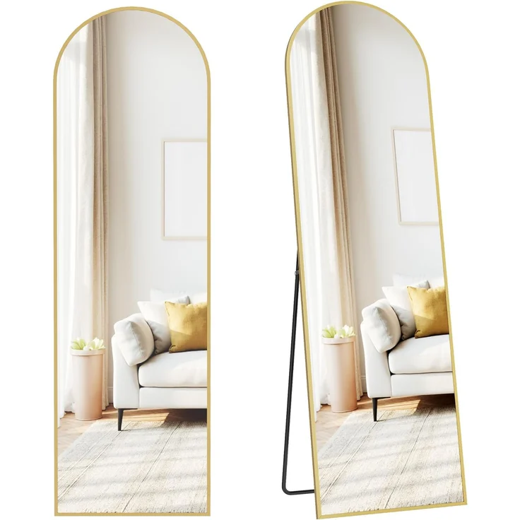SONGMICS Ganzkörperspiegel, 150x40 cm, gewölbter Standspiegel, Rahmen aus Aluminiumlegierung, Hartglas, für Schlafzimmer, Wohnzimmer, Garderobe, blassgold LFM035AB01
