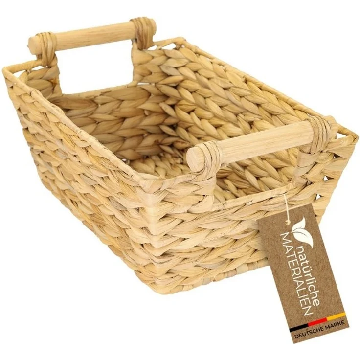 HMF Aufbewahrungskorb Aufbewahrungskorb mit Holzgriffen, Korb geflochten aus Wasserhyazinthe, Badezimmerkorb, lang und eckig, 30 x 20 x 12 cm – Bild 4