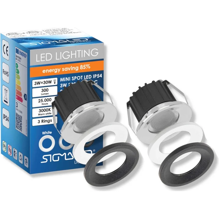 SIGMALED LIGHTING, Mini-LED-Einbaustrahler 3W, Spritzwassergeschützt für den Außenbereich, dimmbar, Warmweiß 3000K, 300 Lumen, IP54 Runde Einbauspot, 220V / 230V AC, 2er-Pack (1 Box mit 2 Stuck)