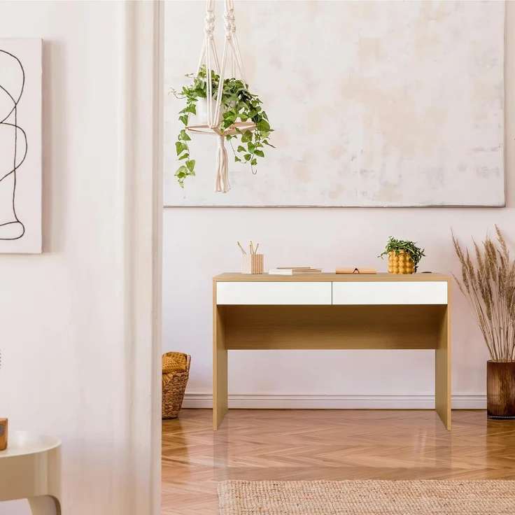 hjh LIVING Schreibtisch 120x50 cm BERGA – Moderner Scandi-Bürotisch Weiß/Eiche mit 2 Schubladen & Kabeldurchlass, Stabiler Arbeitstisch für Homeoffice, Büro & Wohnzimmer – Bild 6