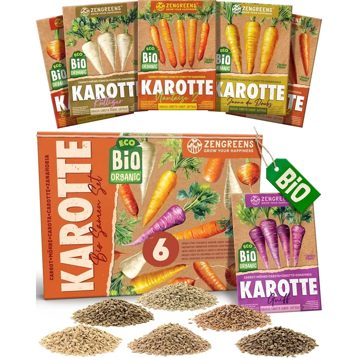 ZenGreens® - Bio Karottensamen im 6er Set - 6 Karotten Samen für den einfachen Anbau im Garten, Balkon oder Hochbeet - Pflanzensamen - Saatgut – Bild 1