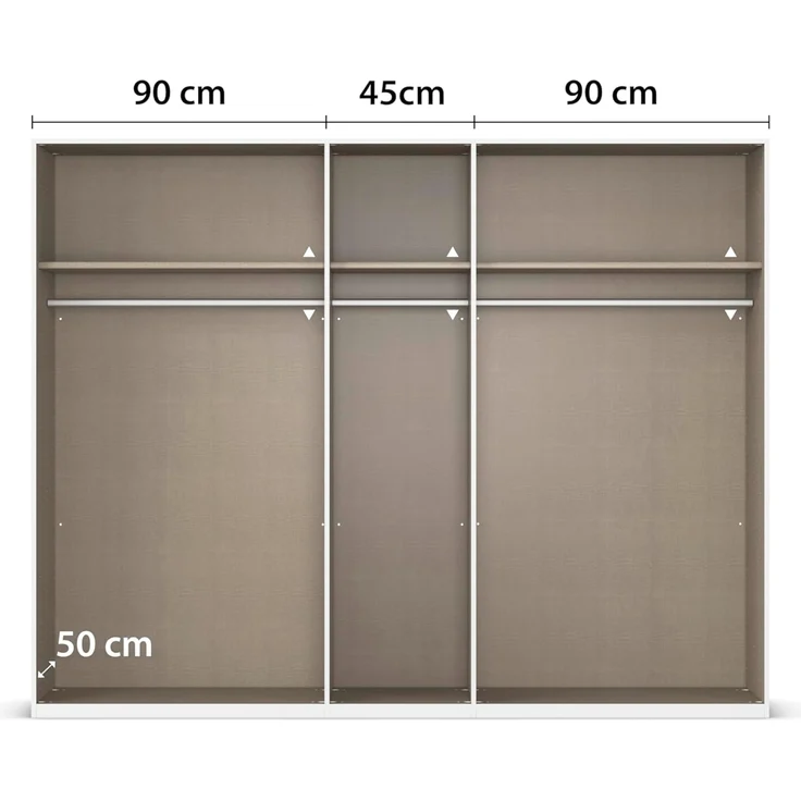 Rauch Möbel Alabama, Kleiderschrank, Garderobenschrank, 5-türig, Spiegel, Zubehör Basic, 3 Kleiderstangen, 3 Einlegeböden, Farbe Hochglanz Weiß/Eiche Artisan, Holz, Griff Grau metallic, 226 x 210 x 54 cm – Bild 7