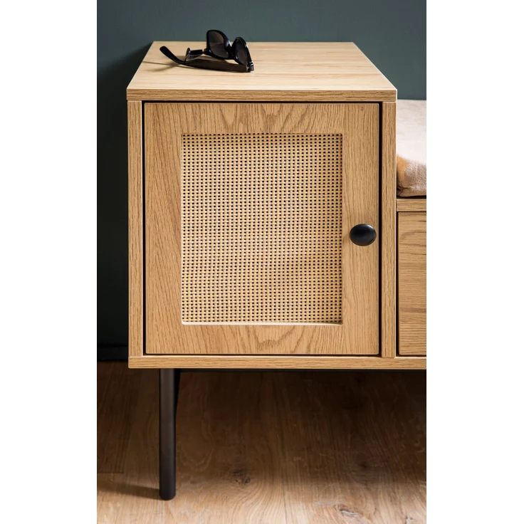 Schuhbank Eiche-Dekor Rattan gepolstert 100x60x38cm mit Stauraum Schublade Tür – Bild 4