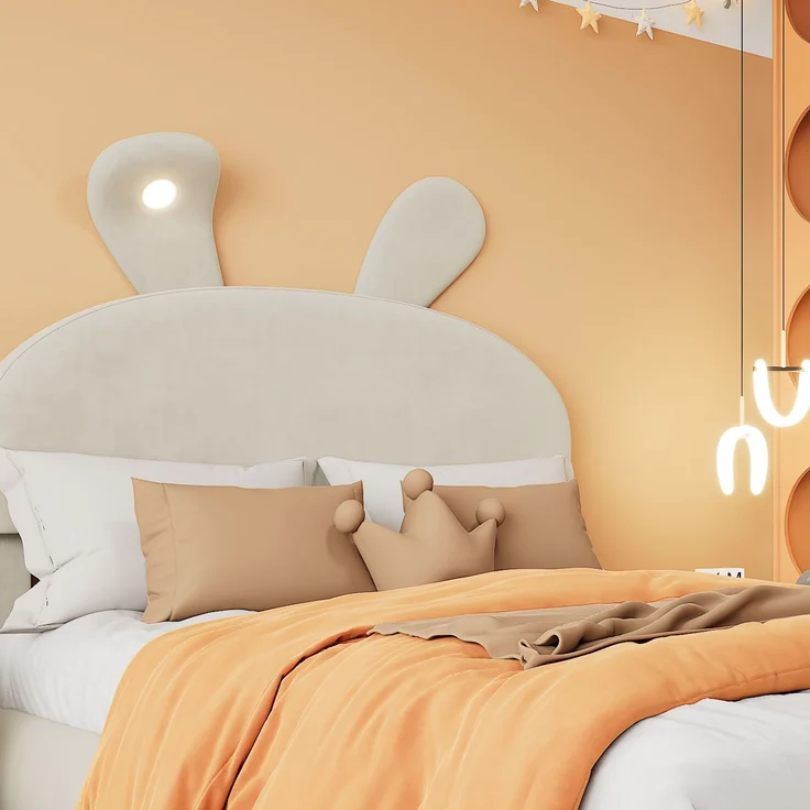 Polsterbett 90×200 mit Hasenohren & dimmbarem LED-Licht, Samtbezug Beige, inkl. Aufbewahrungshockern Einzelbett – Bild 6