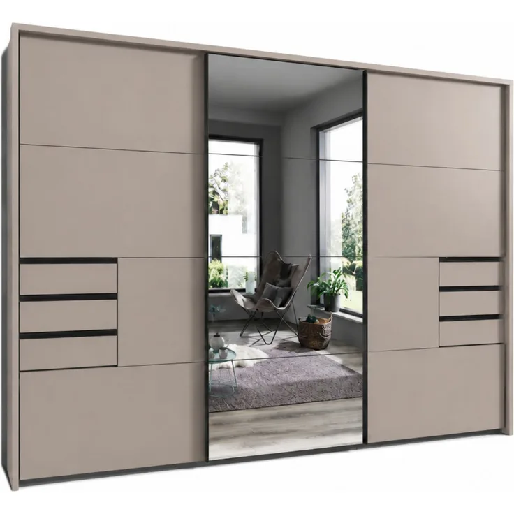 Schwebetürenschrank Kleiderschrank 3-trg 273cm Sandgrau Spiegel u. Passepartout