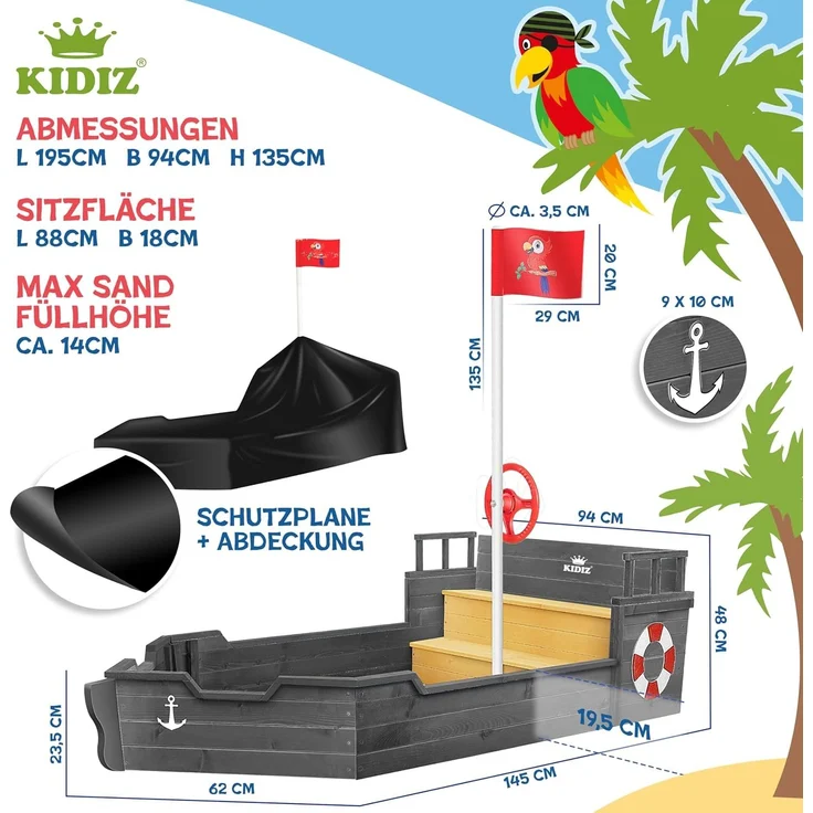 KIDIZ® Sandkasten Ahoi - Piratenschiff, Holz Anthrazit, 195 x 94 x 136 cm – Bild 7