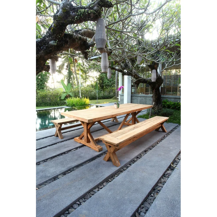 Garten-Sitzgruppe NOLAN 3-tlg. - Teak, Braun | Gartenmöbel-Set Gartengarnitur Garten-Essgruppe mit Stühlen und Esstisch – Bild 2