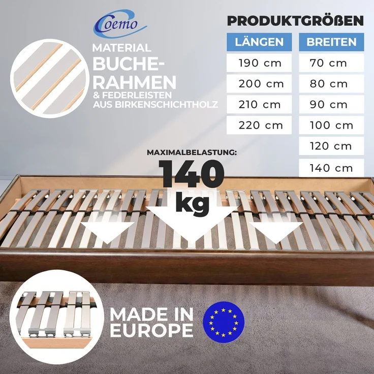 Coemo Starrer Lattenrost "EasyLat" 140x200 cm mit Mittelgurt & 28 Leisten – Bild 3