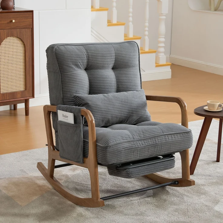 LVHOM Schaukelstuhl mit ausziehbarer Fußstütze, Relaxsessel mit verstellbare Rückenlehne, Loungesessel mit Seitentasche, bis 150 kg belastbar, Grau – Bild 2