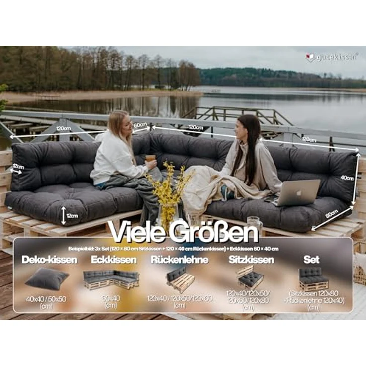 Gutekissen® Palettenkissen, Gartensofakissen, Gesteppte Kissen gefüllt mit granuliertem Poulirette-Schaum, viele Farben und Größen PPI (Sitzkissen 120x60, gesteppt Anthrazit) – Bild 3