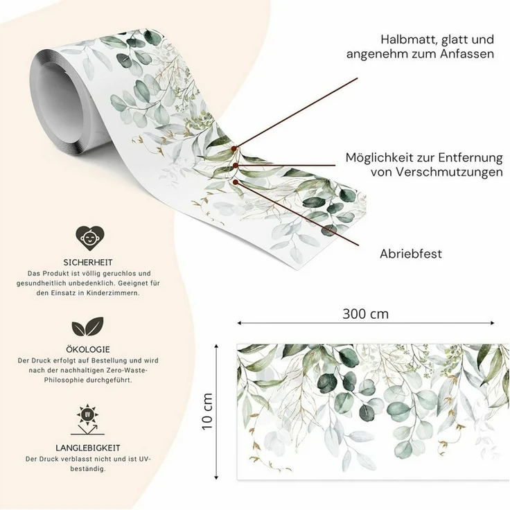 Muralo Bordüre Wandbordüre selbstklebend Blätter – Tapetenbordüre Wohnzimmer, bedruckt, Eukalyptusblätter, 10x300 cm, abriebfest, abwischbar – Bild 2