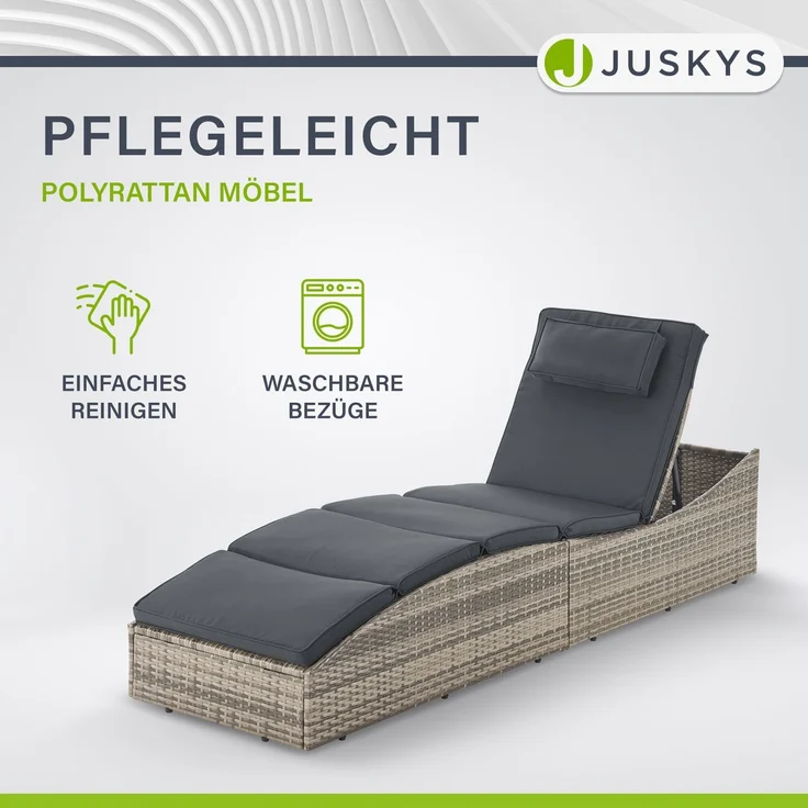 Juskys 'Lamia' Sonnenliege mit Auflage, klappbar, Kopfteil verstellbar, Polyrattan grau, 200 x 60 x 40 cm – Bild 6