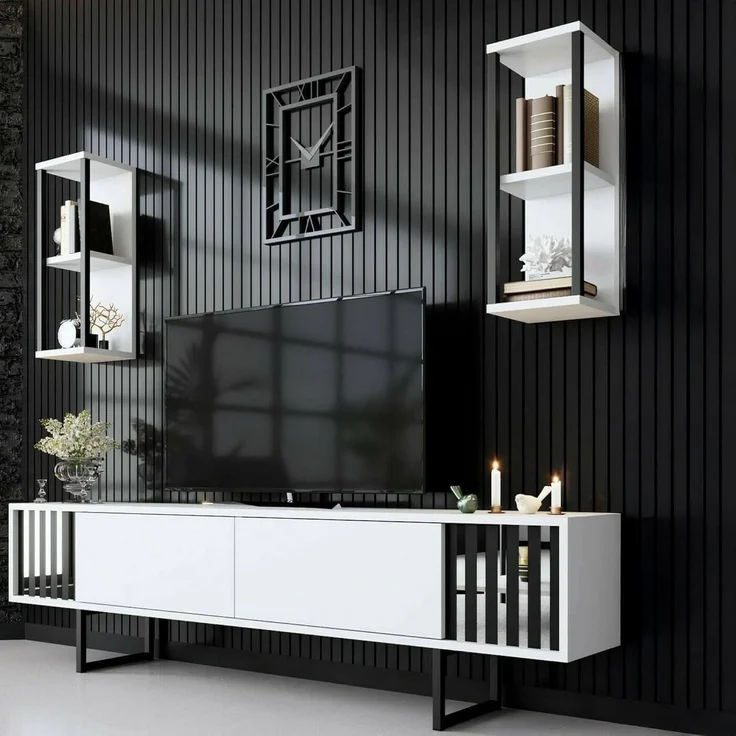 Dmora - Fernsehschrank Ananke, Ständer für Wohnzimmerfernseher, Niedriges Wohnzimmer-Sideboard, TV-Ständerbasis, 180x30h48 cm, Weiß und Schwarz