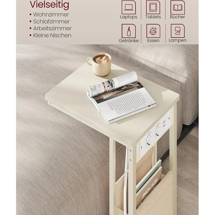 VASAGLE Beistelltisch, Sofatisch mit Ladestation, C Form, Couchtisch klein, Stofftasche, verstellbare Füße, Schlafzimmer, Wohnzimmer, 2 USB-Anschlüsse, 2 AC-Steckdosen, cremeweiß LET356W02 – Bild 5
