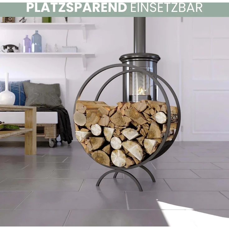 DELUKE® Brennholzregal innen Metall FUSI | Rund, Schwarz | Kaminholzständer Feuerholzregal Kaminholzhalter Holzständer Holzhalter innen Holzlager – Bild 5