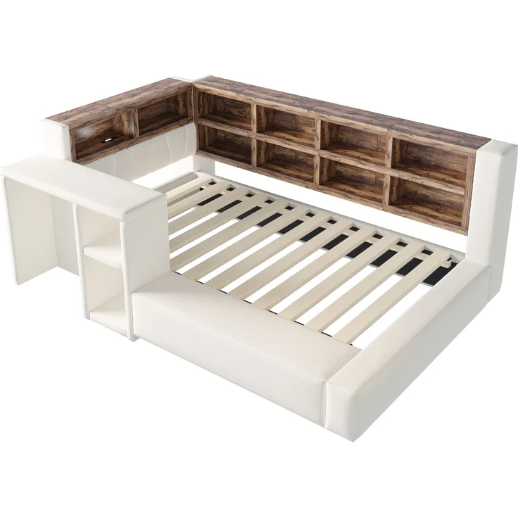U-life Polsterbett 90x200 cm, fürs Schlafzimmer, Mit Polsterbezug, Mit Mehrstufigen Stauräumen, LED-Beleuchtung, Integrierten, Samtstoff, Beige – Bild 9