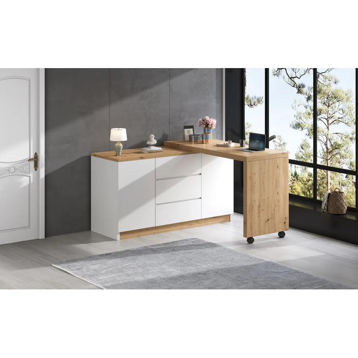Schreibtisch 120 × 50 × 76,5 cm, drehbar und klappbar, 3 Schubladen, 2 Türen, 2 feststellbare Rollen, 4 cm starke Platte, Spanplatte, Weiß/Eiche – Bild 13