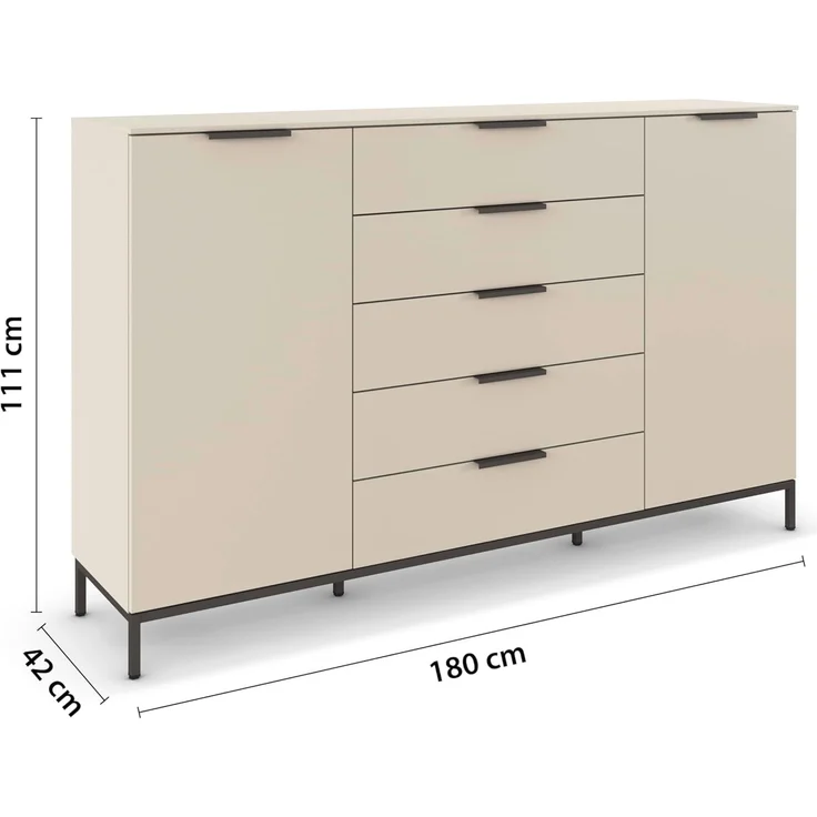 Rauch Möbel Flipp, Nachttisch für Schlafzimmer, Kinderzimmer, Wohnzimmer, Flur, Garderobe, 2-türig, 5 Schubladen, mit Softclose-Funktion, Griffe und Metallkufe Graphit, Farbe Beige, Breite 180 cm – Bild 3