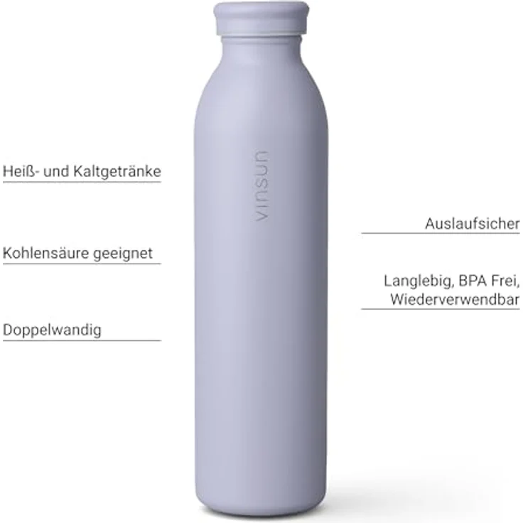 Vinsun Isolierflasche Edelstahl Flasche 600ml, Thermoflasche doppelwandig isoliert BPA frei, Auslaufsicher, Kohlensäure geeignet, bruchsicher, Kalt- & Heißgetränk – Bild 3