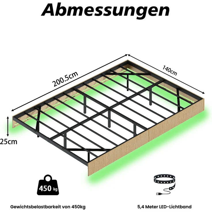 EINHOM Modernes Bett mit Schwebedesign und Nutenverkleidung, ausgestattet mit stimmungsvollen LED-Leuchten und verstärktem Flacheisen-Bettgestell-140 x 200 cm – Hell Eiche (Ohne Matratze) – Bild 2