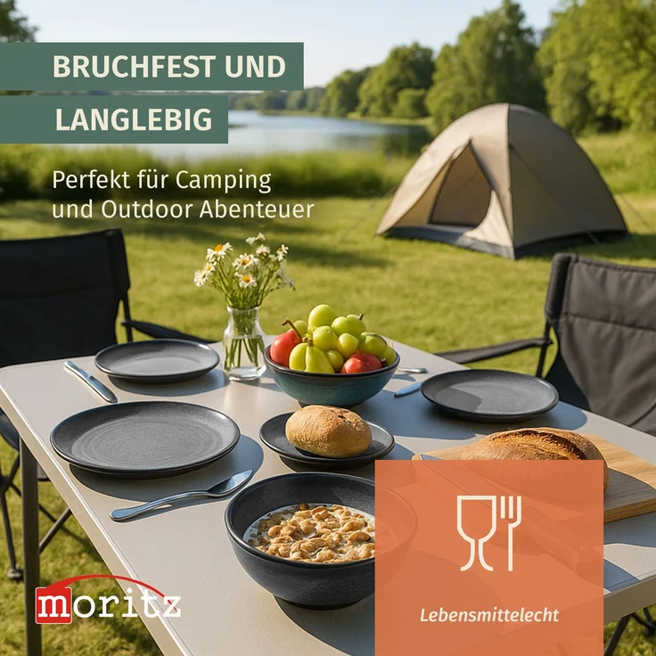 Moritz Camping Tafelgeschirr aus Melamin für 4 Personen 12-teilig | spülmaschinenfest | Picknick Geschirrset | Geschirr Campinggeschirr I Stone Grey Design – Bild 3