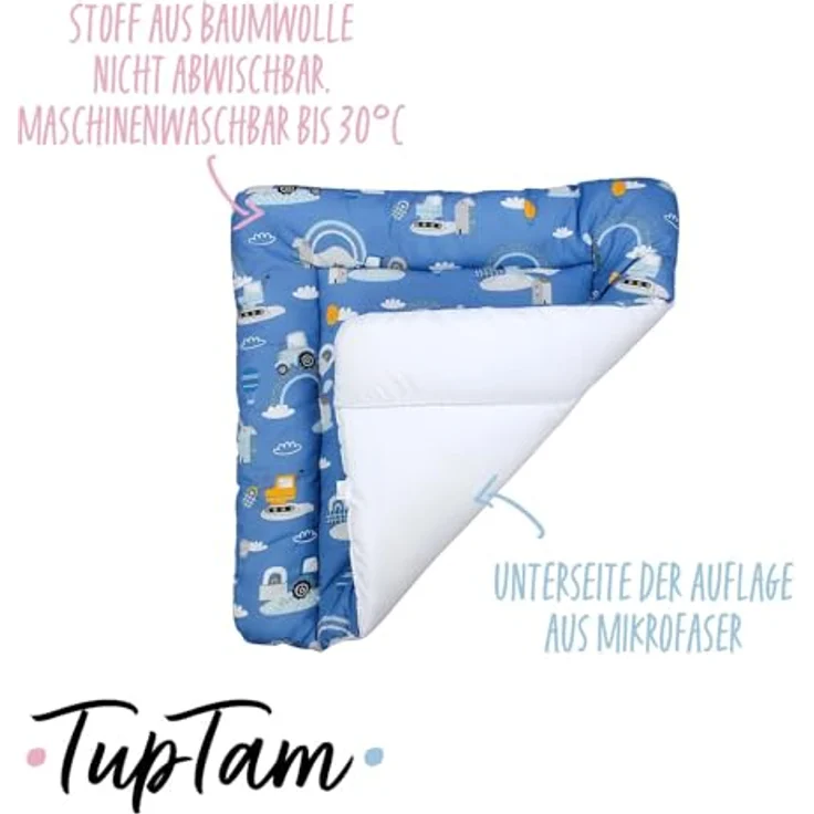 TupTam Baby Wickeltischauflage mit Baumwollbezug Gemustert, Farbe: Traktoren/Regenbögen/Blau, Größe: 70x70 cm – Bild 4