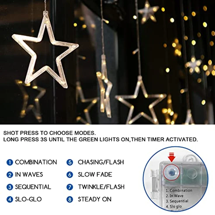 Lichterkette Sterne, 138 LEDs 2.5m Weihnachtslichterkette, Lichterkette Innen/Außen, Wasserdicht Weihnachtsbeleuchtung mit 12 Sterne und 8 Modi, Weihnachtsdeko Für Fenster, Balkon (A - Warmweiß) – Bild 5