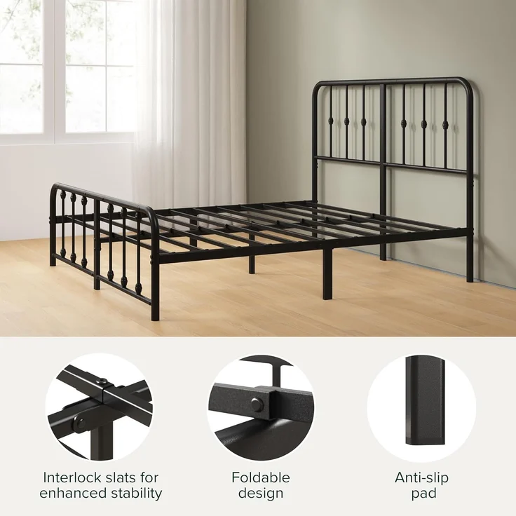 Zinus Florence Bett 90x200 cm – 35 cm hoch – Metallbettgestell mit Kopf- und Fußteil – Bett mit Lattenrost – Bettgestell im Vintage-Design – Stauraum unter dem Bett – Schwarz – Bild 6