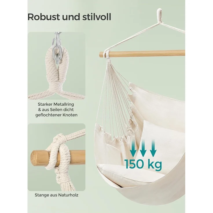 SONGMICS Hängesessel, Hängeschaukel, Hängestuhl mit 2 Kissen, Metallkette, bis 150 kg belastbar, Indoor und Outdoor, Wohnzimmer, Schlafzimmer, cremeweiß GDC187M01 – Bild 4