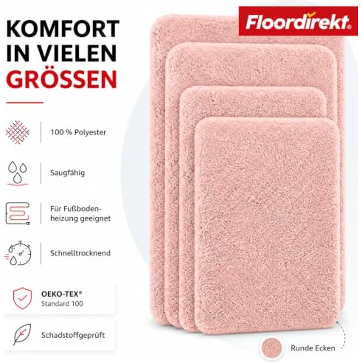 Floordirekt Badematte Sky - Hochflor Badezimmerteppich, rutschhemmend & schnell trocknend, geeignet für Fußbodenheizung, Eckig & Rund (60 x 100 cm, Rosa) – Bild 4
