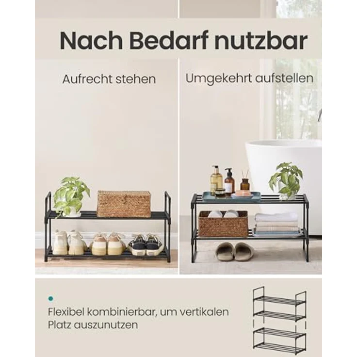 SONGMICS Schuhregal 2 Ebenen, Schuhständer Metall, Schuhaufbewahrung, Schuh-Organizer, aufrecht oder umgedreht, für 6-9 Paar Schuhe, stapelbar, Flur, 30 x 68 x 33,8 cm, schwarz LSA202B01 – Bild 5