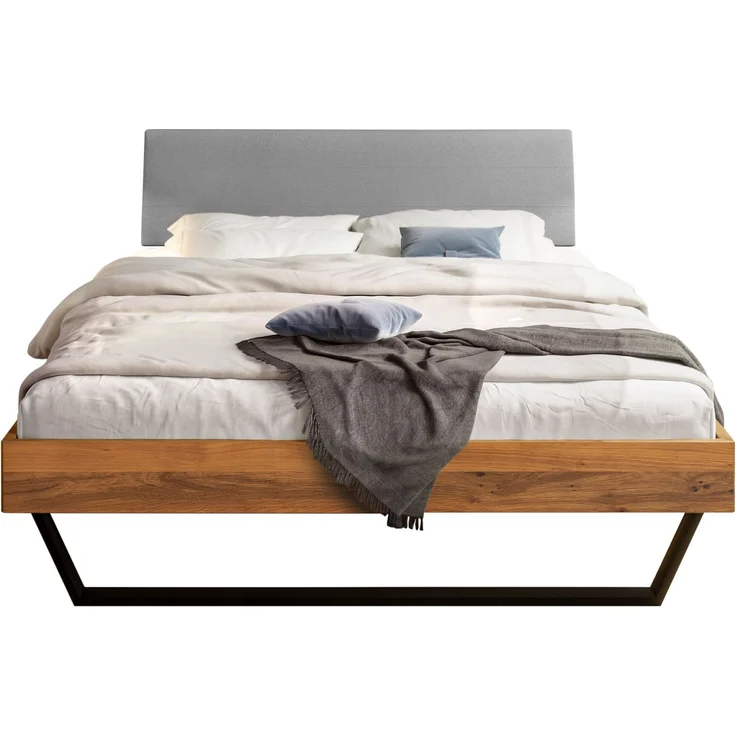 Hasena Massivholzbett Ariana Wildeiche mit Metallkufen, Bezug Pace Light Grey 160x210 cm, Fußhöhe 20 cm – Trento – Bild 1