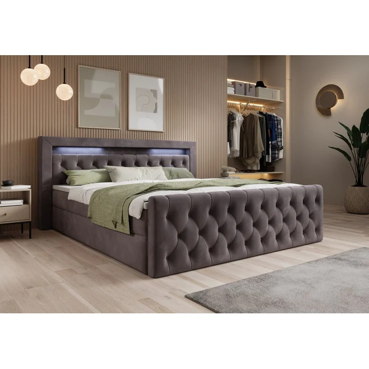 thematys Boxbett LED mit Bettkasten 140x200cm, mit Bonnellfederkernmatratze H3, Bouclé/Velours, mit Stauraum, mit 3 cm Topper, Grau (Velutto 16), Art.-Nr. S04JN0YR42E – Bild 1