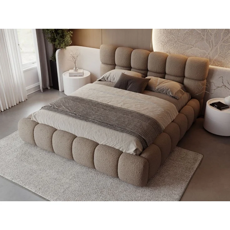 GRAINGOLD Modo Polsterbett 140x200, Doppelbett mit Kopfteil, groß Stauraum, Bouclé-Stoff, Braun – Bild 3